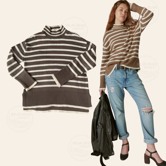 Lucky Brand Oversized Cashmere Cotton Blend Sweater | Chocolate Stripe NWOT XS - Picture 1 of 10